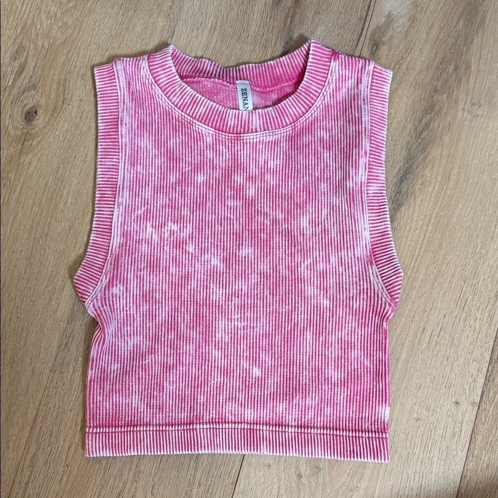 Zenana Ash Pink Mineral Washed Pink Ribbed Crop Top